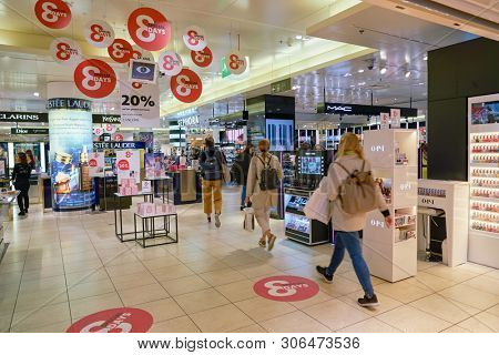 ZURICH, SWITZERLAND - CIRCA OCTOBER, 2018: interior shot of Manor. Manor is large department store with a wide range of goods and brands.