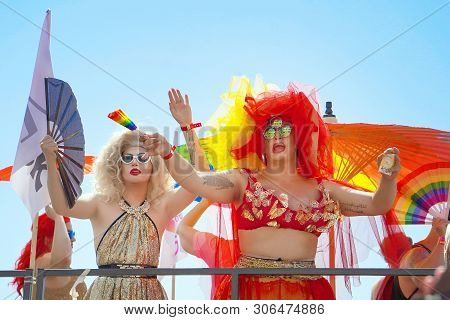 The Annual Parade Lgbt. Gay And Lesbians In The Gay Pride Parade. Parade Of Tolerance. Rainbow Flags