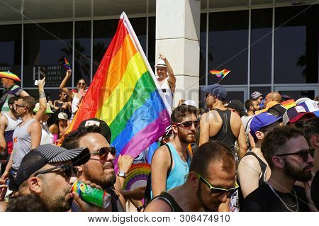 The Annual Parade Lgbt. Gay And Lesbians Walking In The Gay Pride Parade. Parade Of Tolerance. Rainb