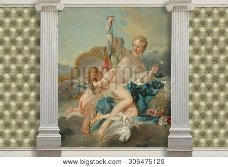 3d Background, Columns And Effect Of Quilted Leather, Painting François Boucher (studio, 1703 - 1770