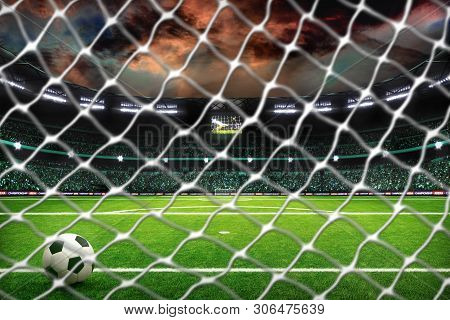 Night Soccer Field With Lights And Spectors Panorama 3d Rendering Behind The Net