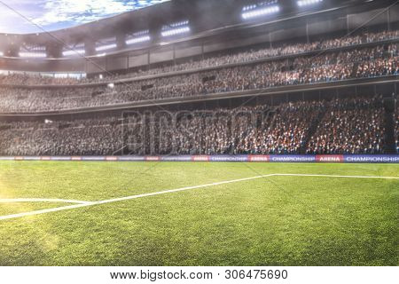 Sunny Soccer Field With Lights And Spectors Panorama 3d Rendering