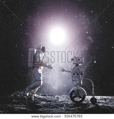Astronaut and robot or artificial intelligence handshake on alien planet. 3D Illustration.