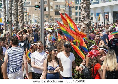 The Annual Parade Lgbt. Gay And Lesbians Walking In The Gay Pride Parade. Parade Of Tolerance. Rainb