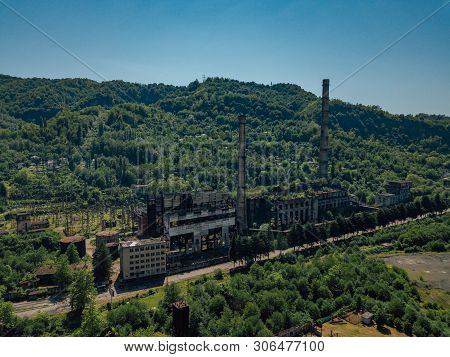 Aerial View Of Abandoned Tkvarcheli Thermal Power Plant, Abkhazia, Georgia