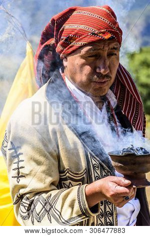 San Andres Semetabaj, Lake Atitlan, Guatemala - November 10, 2018:  Maya Shaman In Ceremonial Dress 
