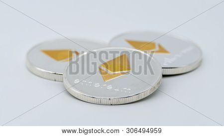 Physical Metal Silver Ethereum Currency On White Background. Eth Coin