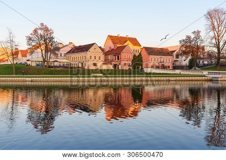 Minsk, Belarus - November 16, 2018: View Of Traetskae Pradmestse Or Trinity Suburb On Svisloch River