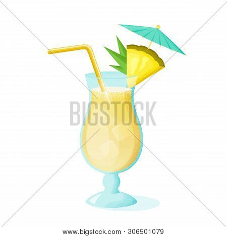 Pina Colada Cocktail With Pineapple Slice, Straw And Umbrella. A Glass Of Alcoholic Drink Isolated O