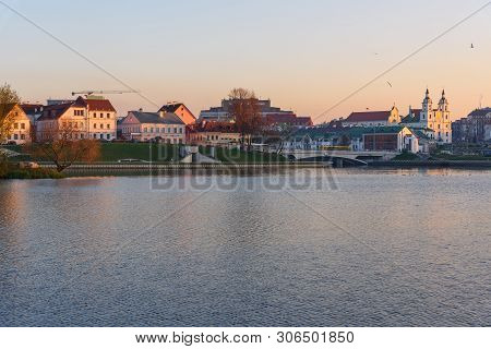 View Of Upper Town And Traetskae Pradmestse Or Trinity Suburb On Svisloch River Bank In Historical C