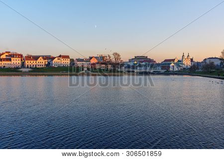 View Of Upper Town And Traetskae Pradmestse Or Trinity Suburb On Svisloch River Bank In Historical C