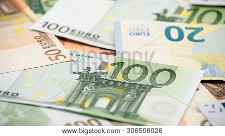 Euros Bills Of Different Values. Euro Bill Of One Hundred