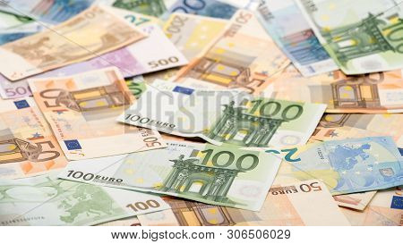 Euros Bills Of Different Values. Euro Bill Of One Hundred