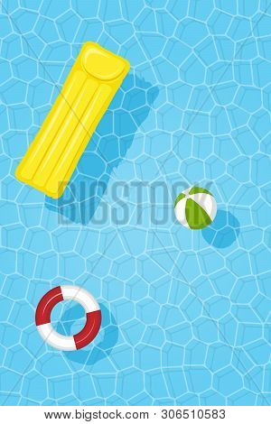 Vertical Image Of Pool Water With Inflatable Circle, Mattress And Ball. Place For Text. Vector Illus