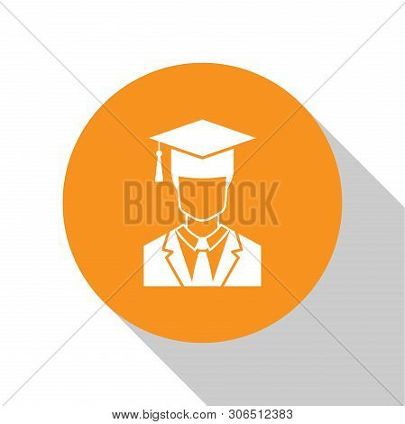 White Male Graduate Student Profile With Gown And Graduation Cap Icon Isolated On White Background. 