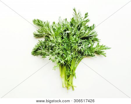Sagebrush On White Wooden Background. Shallow Dof.