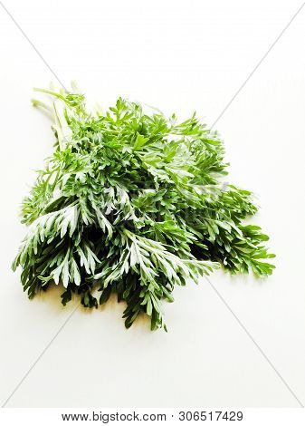 Sagebrush On White Wooden Background. Shallow Dof.