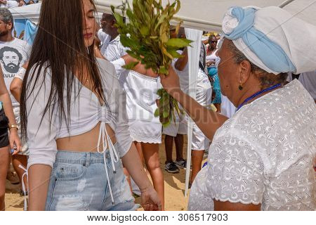 Salvador, Brazil - 2 February 2019: People During The Celebration Of Yemanja At Salvador Bahia On Br