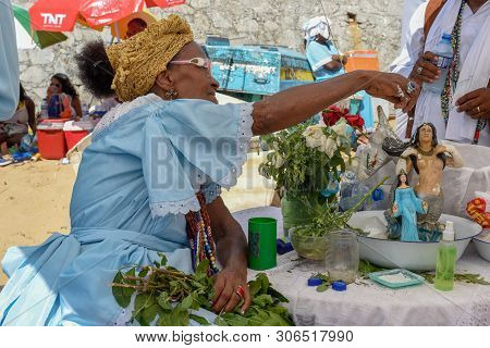 Salvador, Brazil - 2 February 2019: People During The Celebration Of Yemanja At Salvador Bahia On Br