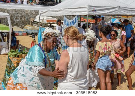 Salvador, Brazil - 2 February 2019: People During The Celebration Of Yemanja At Salvador Bahia On Br