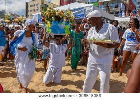 Salvador, Brazil - 2 February 2019: People During The Celebration Of Yemanja At Salvador Bahia On Br