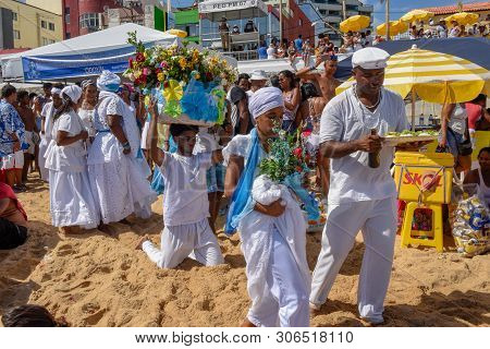 Salvador, Brazil - 2 February 2019: People During The Celebration Of Yemanja At Salvador Bahia On Br