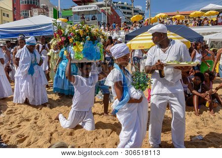 Salvador, Brazil - 2 February 2019: people during the celebration of Yemanja at Salvador Bahia on Br