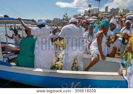 Salvador, Brazil - 2 February 2019: people during the celebration of Yemanja at Salvador Bahia on Br