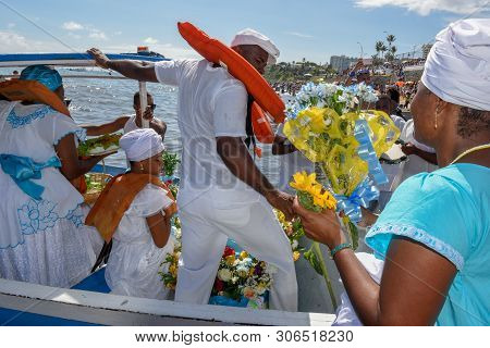 Salvador, Brazil - 2 February 2019: People During The Celebration Of Yemanja At Salvador Bahia On Br