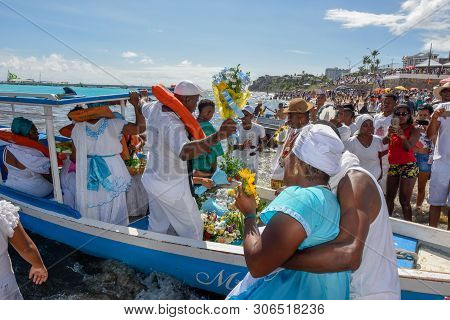 Salvador, Brazil - 2 February 2019: people during the celebration of Yemanja at Salvador Bahia on Br