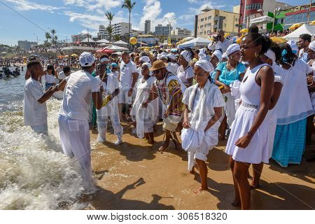 Salvador, Brazil - 2 February 2019: people during the celebration of Yemanja at Salvador Bahia on Br