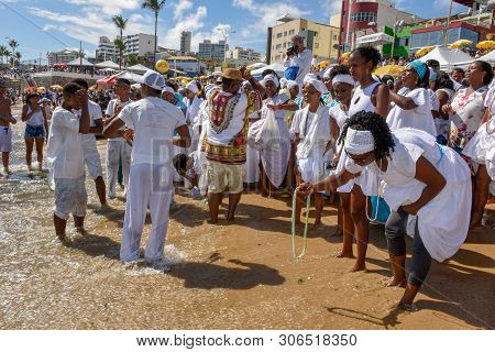 Salvador, Brazil - 2 February 2019: people during the celebration of Yemanja at Salvador Bahia on Br