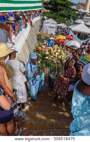 Salvador, Brazil - 2 February 2019: people during the celebration of Yemanja at Salvador Bahia on Br