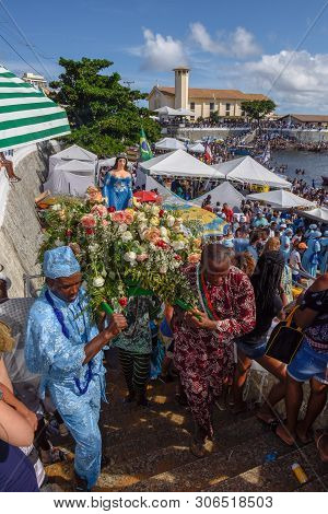 Salvador, Brazil - 2 February 2019: People During The Celebration Of Yemanja At Salvador Bahia On Br