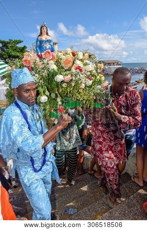Salvador, Brazil - 2 February 2019: people during the celebration of Yemanja at Salvador Bahia on Br