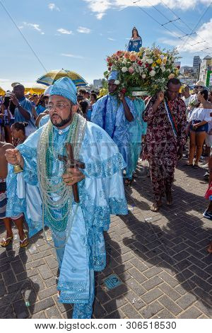 Salvador, Brazil - 2 February 2019: People During The Celebration Of Yemanja At Salvador Bahia On Br