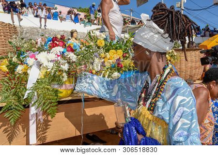 Salvador, Brazil - 2 February 2019: people during the celebration of Yemanja at Salvador Bahia on Br