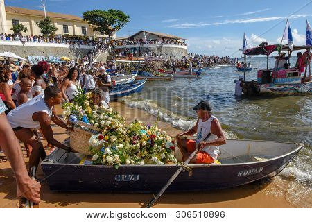 Salvador, Brazil - 2 February 2019: People During The Celebration Of Yemanja At Salvador Bahia On Br