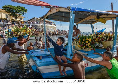 Salvador, Brazil - 2 February 2019: people during the celebration of Yemanja at Salvador Bahia on Br