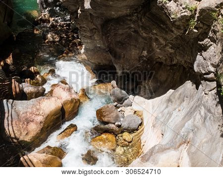 Mountain Creek Flowing Between Boulders At Sapadere Canyon, Alanya, Antalya, Turkey