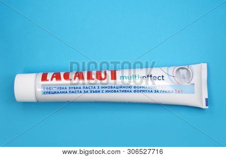 Kyiv, Ukraine - May 27, 2019: With more than 80 years, Lacalut is one of the oldest German dental care brands. Lacalut Aktiv medical toothpaste. 