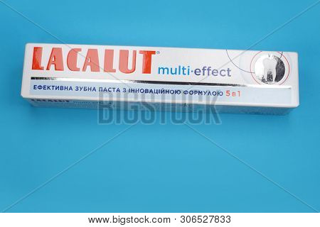 Kyiv, Ukraine - May 27, 2019: With more than 80 years, Lacalut is one of the oldest German dental care brands. Lacalut Aktiv medical toothpaste. 