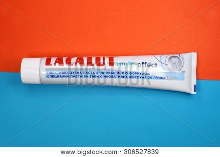 Kyiv, Ukraine - May 27, 2019: With more than 80 years, Lacalut is one of the oldest German dental care brands. Lacalut Aktiv medical toothpaste. 