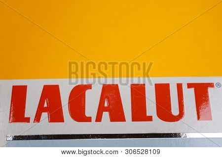 Kyiv, Ukraine - May 27, 2019: With more than 80 years, Lacalut is one of the oldest German dental care brands. Lacalut Aktiv medical toothpaste. 