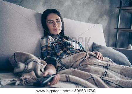 Close Up Side Profile Photo Beautiful She Her Lady Fell Asleep While Watch Boredom Stupid Show Hands