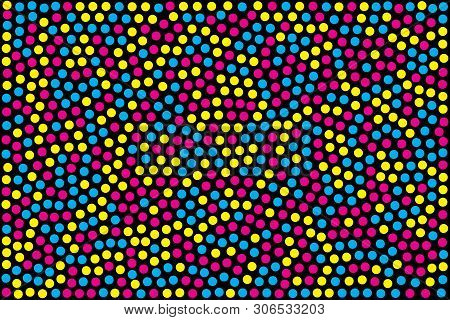 Cmyk Banner, Yellow, Magenta And Cyan Circles On Black Background, Pattern For Print House. Vector I