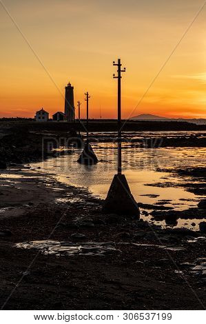 Sunset In Seltjarnarnes Lighthouse In Summer, Iceland