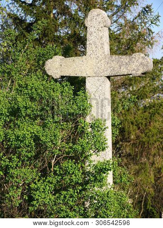 Big Granite Cross Partialy Covered By Bush