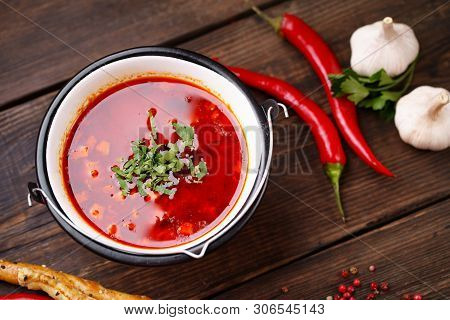 Traditional Hungarian Goulash Soup Bogracs In Metal Bowl. Nourishing And Delicious National Food, Et