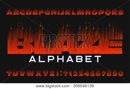 Blaze Alphabet Font. Flame Effect Type Letters And Numbers On Dark Background. Stock Vector Typeface
